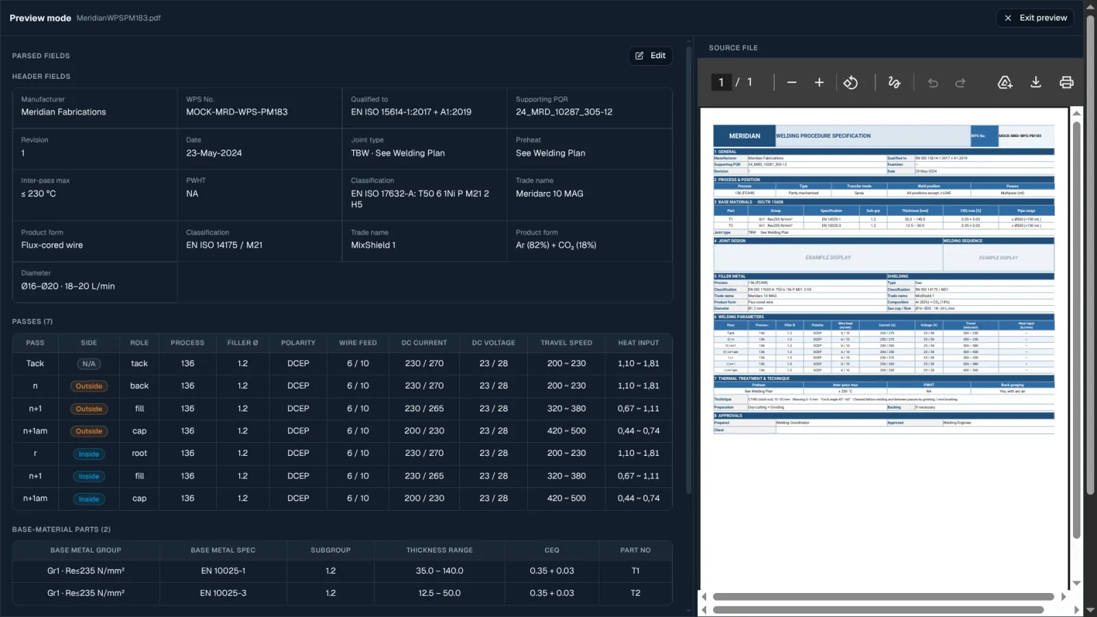 Vista dividida de vista previa del WPS Manager — campos analizados a la izquierda, el PDF o Excel real a la derecha